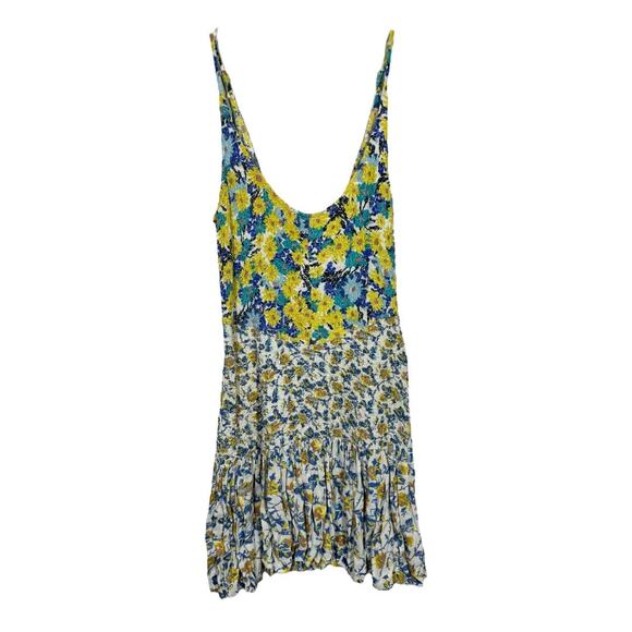 Free People English Garden Smocked Floral Print Dress XS Yellow Blue Boho Mini - Picture 2 of 8